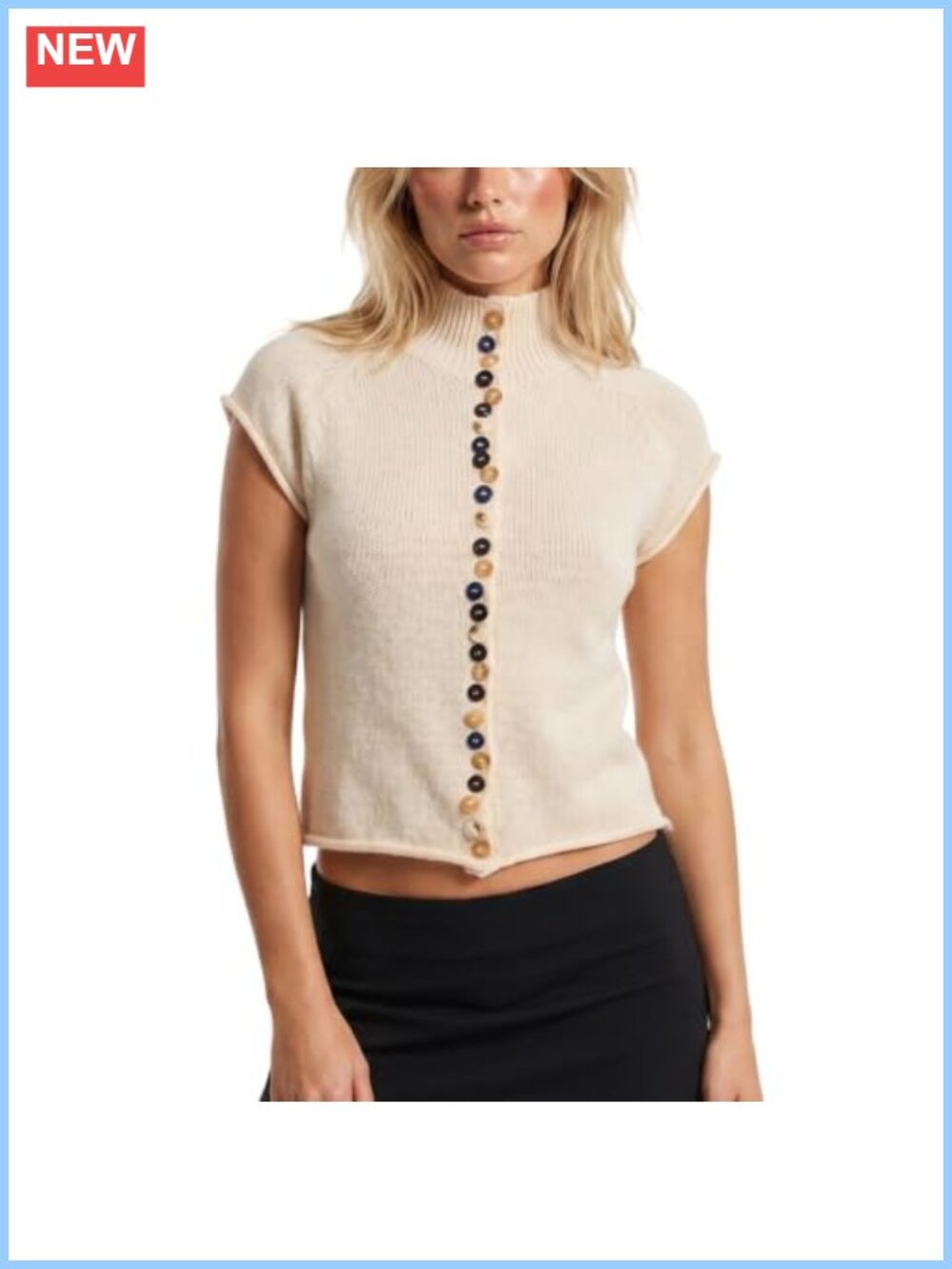 Women Mock Neck Cap Sleeve Button Down Knit Cardigan Top